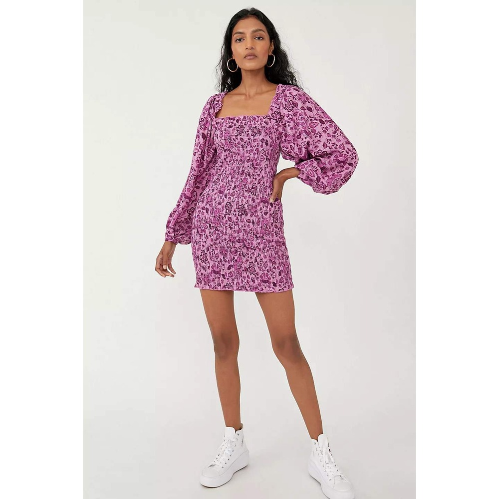 Free People Purple Floral Smocked Mini Dress Balloon Sleeve Size S OB1438613 NWT - Picture 13 of 13